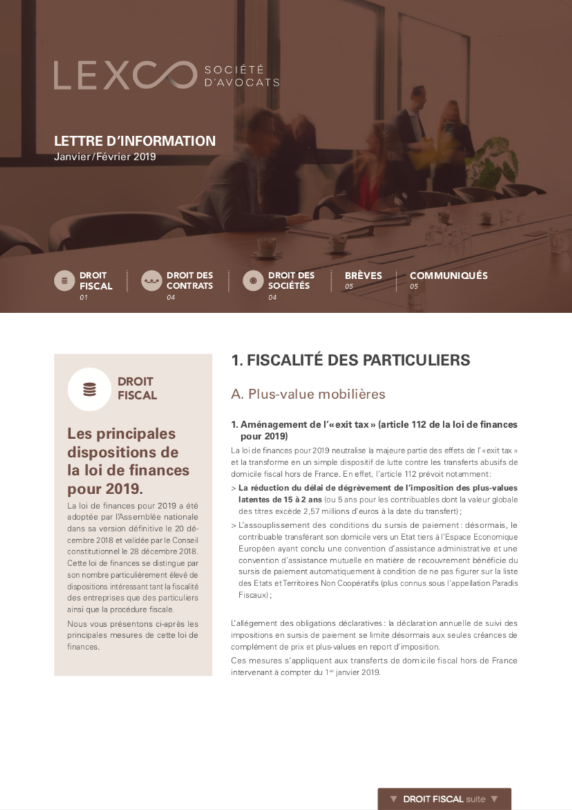 Lettre d'information LEXCO Janvier Fevrier 2019